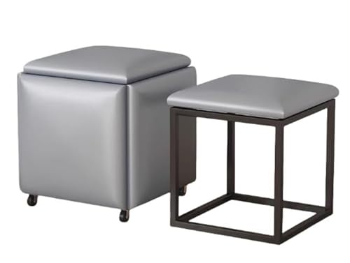 HYUFEIAO 5-in-1 Nesting Stool with Swivel Casters Stackable Storage Ottomane Leather Padded Dining Table Stool Movable Footstool Living Room Side Table Chairs Grey (Small) von HYUFEIAO