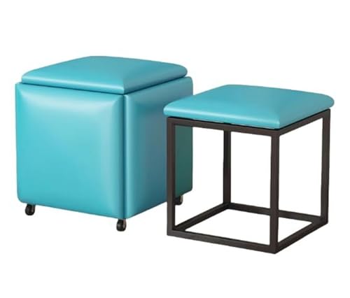 HYUFEIAO 5-in-1 Nesting Stool with Swivel Casters Storage Ottoman Stackable Leather Padded Dining Table Stool Movable Footstool Living Room Side Table Chairs (Blue Large) Multifunction von HYUFEIAO