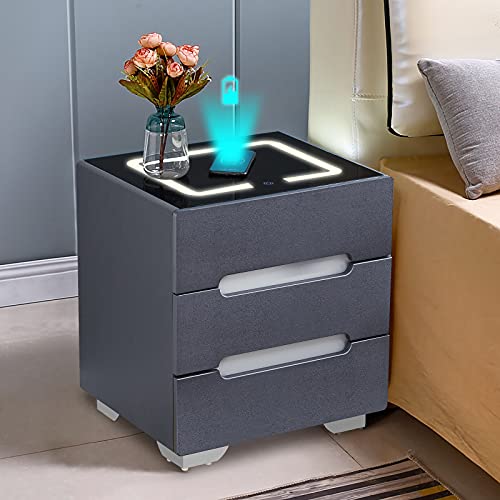 HYUFEIAO Intelligenter Nachttisch mit kabellosem Laden, 3 farbigen LED-Leuchten, 3 Schubladen, Nachttisch für Schlafzimmer, Wohnzimmer, Schwarz HYUFEIAO Intelligenter Nachttisch mit kabellosem Laden, 3 farbigen LED-Leuchten, 3 Schubladen, Nachttisch für Schlafzimmer, Wohnzimmer, Schwarz von HYUFEIAO