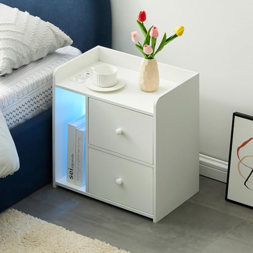 HYUFEIAO Nachttisch aus Holz, Schrank, Aufbewahrungseinheit, Nachttische mit 2 Schubladen und offenem Seitenfach (LED, Weiß) von HYUFEIAO