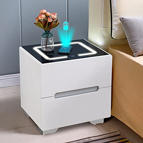 HYUFEIAO Nachttisch mit intelligentem kabellosem Laden, 3 farbigen LED-Leuchten und 2 Schubladen, Nachttisch für Schlafzimmer, Wohnzimmer, Weiß-Schwarz HYUFEIAO Nachttisch mit intelligentem kabellosem Laden, 3 farbigen LED-Leuchten und 2 Schubladen, Nachttisch für Schlafzimmer, Wohnzimmer, Weiß-Schwarz von HYUFEIAO