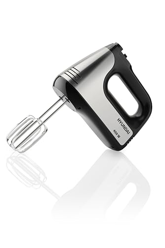 HYUNDAI Handmixer I HM708 I praktischer Handrührgerät I 5 Geschwindigkeitsstufen I 2 Edelstahl-Rührbesen + Knethaken I 400 W I Impulsschalter I Edelstahl/Schwarz von HYUNDAI ELECTRONICS