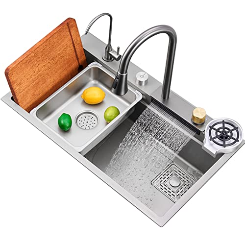 Küchenspüle 304 Edelstahl Nano Raindance Wasserfallspüle Hausspüle Gemüsebecken Einzelspüle Arbeitsstation Küchenspüle Mit Ausziehbarem Wasserhahn (Color : Silver, S : 68x45x22CM) von HYXSHOP