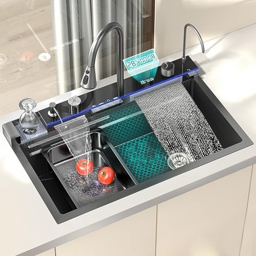 Black Nano Küchenspüle 304 Edelstahl Wasserfall Spüle Einzelbecken Workstation Küchenspüle Mit Multifunktionaler Digitalanzeige Fliegen Regen Ausziehbarer Wasserhahn (Schwarz, 68 x 45 x 22 cm) von Earnmore