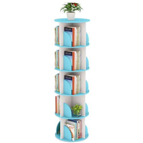 Um 360° Drehbares Bücherregal, Kleines Eckbücherregal Mit Kleiner Stellfläche, 6-stufiges Standbücherregal Für Kinder Und Erwachsene, Holzbücherregal Für Das Wohnzimmer (Color : Blau, S : 5 Layers ( von HYXSHOP
