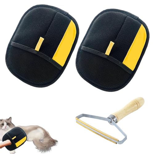 2 Stück Fell Magnet Handschuh, 1 Stück Holzgriffskraper, Katzenhaarentferner Handschuh, Tierhaarentferner Handschuh, Effektive Haarentfernung für Katzen und Hunde, Ideal für Möbel und Autositze von HYZSHL