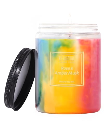 HZ-WONMIO Bunte Duftkerzen|Rose & Sandelholz Kerze |Sojawachs-Glas Kerze|9.5oz 80 Stunden brennen|Extra starke und lang anhaltende Aromatherapie Kerze |Geburtstag Kerze|Freundin Geschenk für Frauen von HZ-WONMIO
