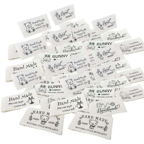HZAOPZE 50 pcs Handmade Label zum Annähen aus Stoff Label Nähen Handmade Etiketten Einnähen Textiletiketten Handmade Stoffetiketten Handmade Stoff Labels Beige, Cartoon-Stil von HZAOPZE