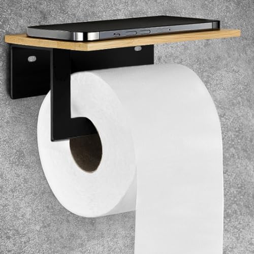 Toilettenpapierhalter Ohne Bohren mit Ablage Klopapierhalter Schwarz Matt mit Bambus Platte Klorollenhalter Kleben WC Papier Halterung von HZBODA
