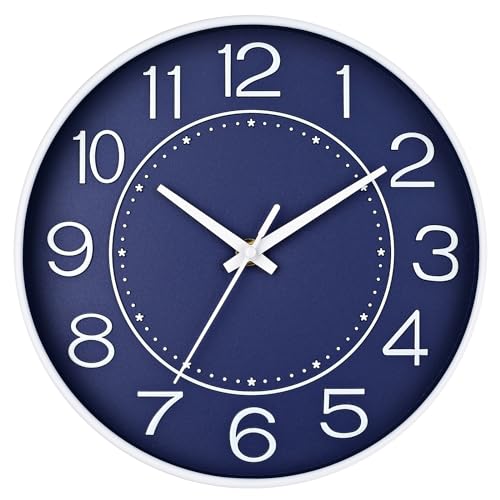 HZDHCLH 25cm Modern Quartz Lautlos Wanduhr Arabisch Ziffer Schleichende Sekunde ohne Ticken für Dekoration Wohnzimmer, Küche, Büro, Schlafzimmer (Navy blau) von HZDHCLH