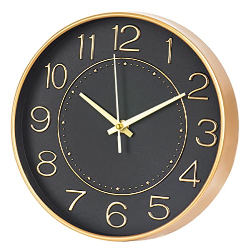 HZDHCLH 25cm Modern Quartz Lautlos Wanduhr Arabisch Ziffer Schleichende Sekunde ohne Ticken für Dekoration Wohnzimmer, Küche, Büro, Schlafzimmer (schwarzes Gold) von HZDHCLH