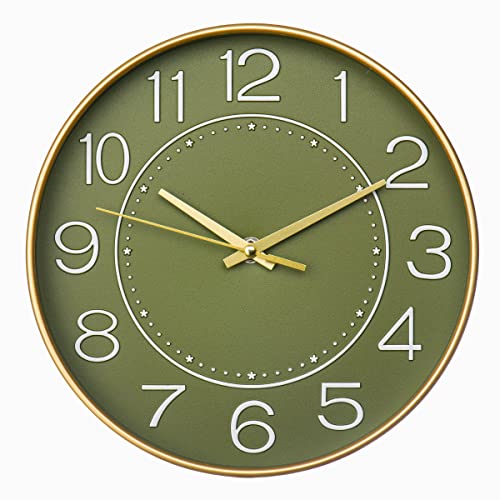 HZDHCLH 25cm Modern Quartz Lautlos Wanduhr Arabisch Ziffer Schleichende Sekunde ohne Ticken für Dekoration Wohnzimmer, Küche, Büro, Schlafzimmer (Goldenes Grün) von HZDHCLH