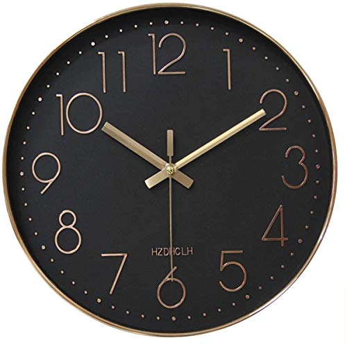 HZDHCLH 30cm Modern Quartz Lautlos Wanduhr Schleichende Sekunde mit Arabisch Ziffer ohne Ticken für Dekoration Wohnzimmer, Küche, Büro, Schlafzimmer (Schwarz-Roségold) von HZDHCLH