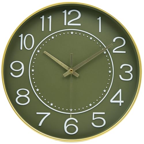HZDHCLH 30cm Modern Quartz Lautlos Wanduhr Arabisch Ziffer Schleichende Sekunde ohne Ticken für Dekoration Wohnzimmer, Küche, Büro, Schlafzimmer (Goldenes Grün) von HZDHCLH