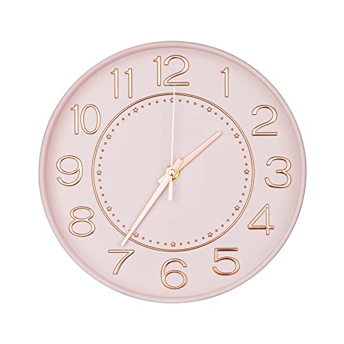 HZDHCLH Kinder Wanduhr Funk-Wanduhr,25cm Wanduhr Kinder Lautlos Funkuhr,Zeit Automatische Umstellung,Geeignet für Wohnzimmer Küche Büro (rosa und Gold) von HZDHCLH