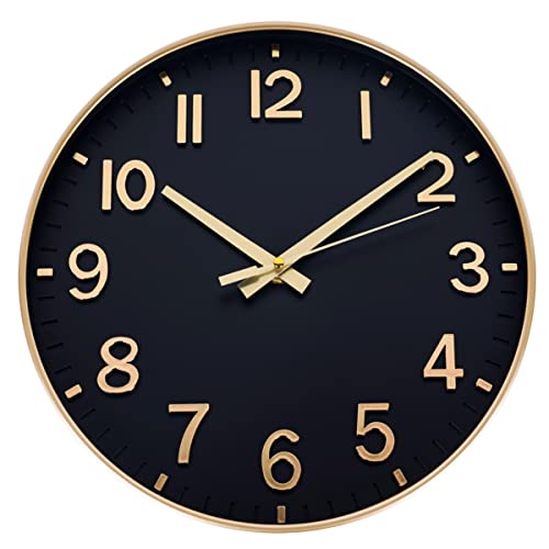 HZDHCLH Funk Wanduhr 30 cm Lautlose Wanduhr Ohne Tickgeräusche, Moderne Batteriebetriebene Uhr für Zuhause, Küche, Wohnzimmer, Büro, Wanddekoration (Schwarzes Gold) von HZDHCLH