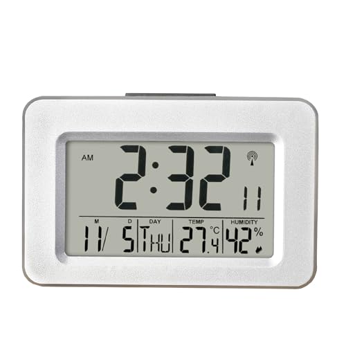 HZDHCLH Funkwecker Digitaler Wecker LCD Display Schlummerfunktion Nachttisch Tischuhr mit Licht 12/24 Datum Temperaturanzeige Luftfeuchtigkeit(Silberfarbe) von HZDHCLH