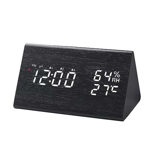 HZDHCLH Funkwecker LED-Anzeige Digitaler Wecke Snooze-Funktion, DREI Wecker,Datum Temperatur,Einstellbare Helligkeit mit Ladegerät (Schwarze Holzfarbe) von HZDHCLH