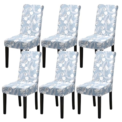 HZDHCLH Stuhlhussen 4er Set Stuhlbezüge Stretch abnehmbar, waschbar, Esszimmerstuhl-Schutzsitz für Hotel Restaurant Küche Hochzeitsfeier（Blaue Tulpe/6 Stück） von HZDHCLH