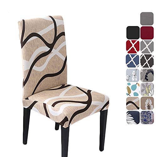 HZDHCLH Stuhlhussen 6er Set Stuhlbezüge Stretch abnehmbar, waschbar, Esszimmerstuhl-Schutzsitz für Hotel Restaurant Küche Hochzeitsfeier（Off-White/Linienmuster/6 Stück von HZDHCLH