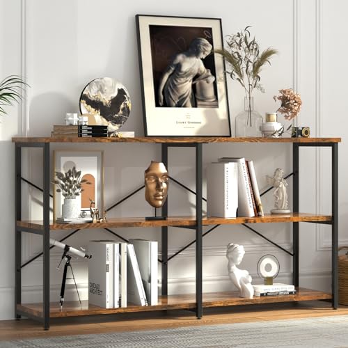 HZE Konsolentisch, Großer Konsolentisch Holz, 3 Ebenen Braunes Bücherregal, Rustikaler 140X34X76.5 cm Hoch Bücherregal, Sofarücken Beistelltisch,Regal im Wohnzimmer,Industrieller Sofatisch von HZE