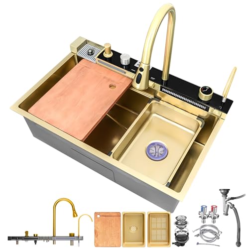 HZKSINNK 80x45cm Küchenspüle Mit Zwei Wasserfällen 1 Becken Golden Multifunktional Edelstahl Barspüle Nanobeschichtetes Mit Ausziehbare Wasserhähne Gläserspüler Und Abflusskörbe-und Ablauf-Set HZKSINNK 80x45cm Küchenspüle Mit Zwei Wasserfällen 1 Becken Golden Multifunktional Edelstahl Barspüle Nanobeschichtetes Mit Ausziehbare Wasserhähne Gläserspüler Und Abflusskörbe-und Ablauf-Set von HZKSINNK