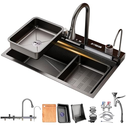 HZKSINNK 85x50cm Küchenspüle Mit Zwei Wasserfällen 1 Becken Schwarz Multifunktional Edelstahl Barspüle Nanobeschichtetes Mit Ausziehbare Wasserhähne Gläserspüler Und Abflusskörbe-und Ablauf-Set HZKSINNK 85x50cm Küchenspüle Mit Zwei Wasserfällen 1 Becken Schwarz Multifunktional Edelstahl Barspüle Nanobeschichtetes Mit Ausziehbare Wasserhähne Gläserspüler Und Abflusskörbe-und Ablauf-Set von HZKSINNK