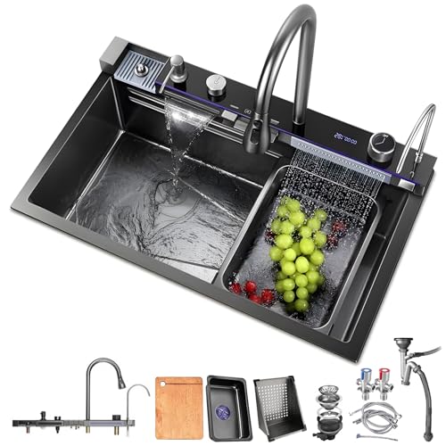 HZKSINNK 80x45cm Küchenspüle Mit Zwei Wasserfällen 1 Becken Schwarz Multifunktional Edelstahl Barspüle Nanobeschichtetes Mit Ausziehbare Wasserhähne Gläserspüler Und Abflusskörbe-und Ablauf-Set von HZKSINNK