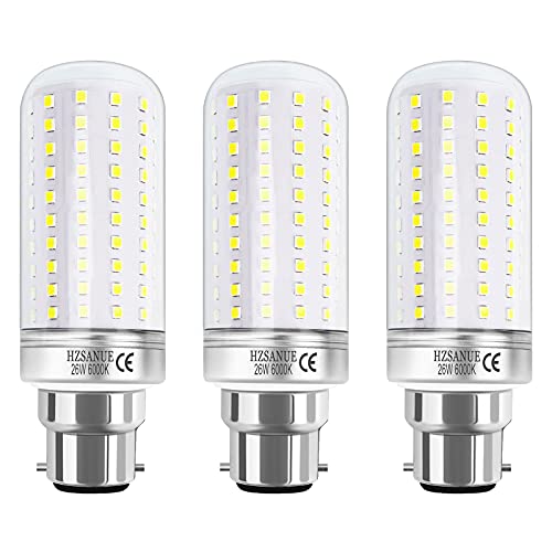 HZSANUE B22 LED Mais Lampen 26W, 6000K Tageslichtweiß, 2900Lm,B22 Bajonett LED Leuchtmittel,200W Glühlampen Äquivalent,Nicht Dimmbar, 3er-Pack von HZSANUE