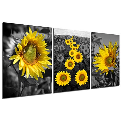 Leinwand-Wandkunst Sonnenblumen-Dekor – Gelbe Blumen blühende Gemälde schwarz weiß Poster Druck moderne Kunst Schlafzimmer Büro Wohnzimmer von HZSYF