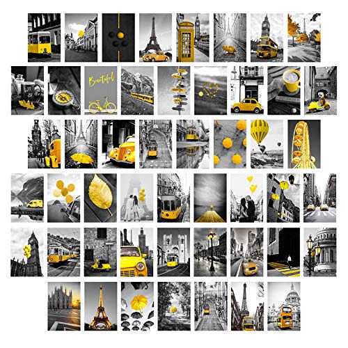 WandcollageSet EiffelturmDekor – Ästhetische Bilder Poster schwarz und weiß Paris Wandkunst romantisch modern Stadtbild gelber Regenschirm Auto Foto für Zuhause Teenager Mädchen Schlafzimmer von HZSYF