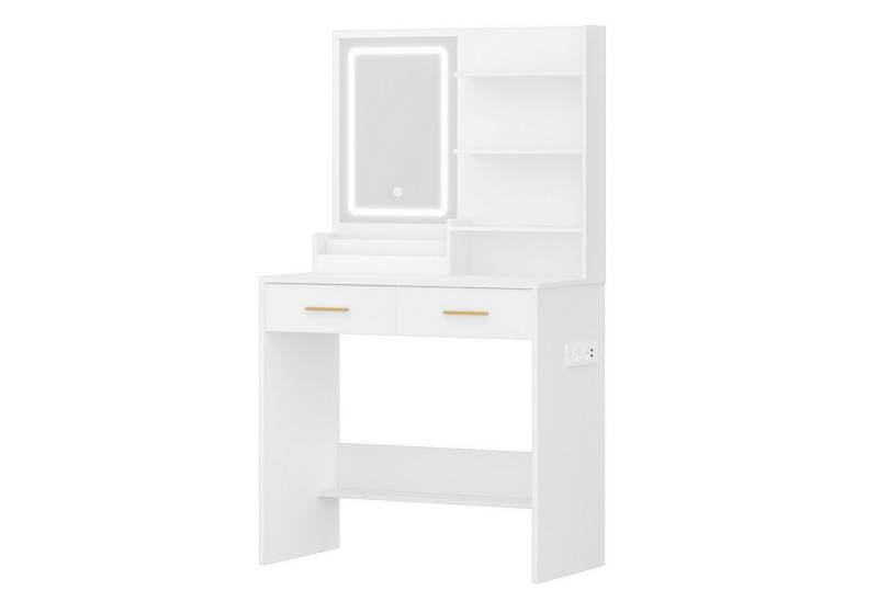 HZUANERI Schminktisch mit LED-Licht, 2 AC Steckdosen, 2 USB und 2 Schubladen (1-St), für Schlafzimmer, Wohnzimmer, Badezimmer, Moderner Stil, Weiß von HZUANERI