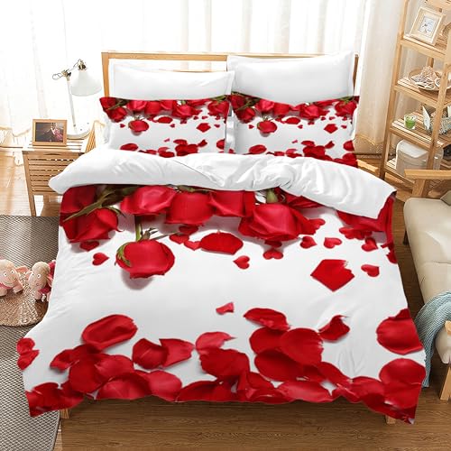 HZVRTN Bettwäsche 3D Rot Rose Bettbezug Set mit Reißverschluss und 2 Kissenbezug, Mikrofaser Kreative Rose Bettwäsche Set 3 Teilig für Erwachsene Kinder (Fallende Rosen, 135x200cm) von HZVRTN