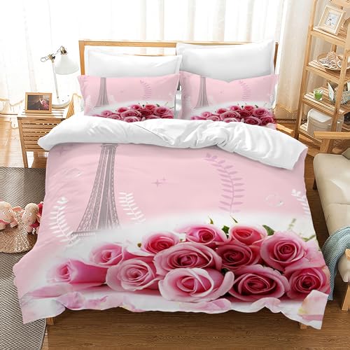 HZVRTN Bettwäsche 3D Rot Rose Bettbezug Set mit Reißverschluss und 2 Kissenbezug, Mikrofaser Kreative Rose Bettwäsche Set 3 Teilig für Erwachsene Kinder (Rosa Rosen, 135x200cm) von HZVRTN