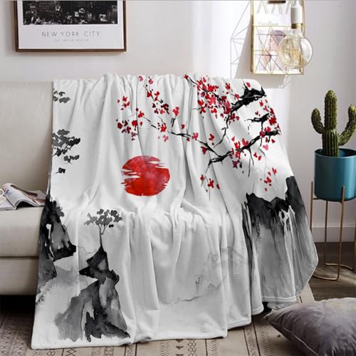 HZVRTN Japanische Ukiyoe Decke 150x200cm, Kirschblüten mit roter Sonne, Kuscheldecke fürTeenager und Erwachsene, Tinte im japanischen Stil, Wohndecke im exotischen Design HZVRTN Japanische Ukiyoe Decke 150x200cm, Kirschblüten mit roter Sonne, Kuscheldecke fürTeenager und Erwachsene, Tinte im japanischen Stil, Wohndecke im exotischen Design von HZVRTN