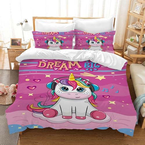 HZVRTN Kinder Bettwäsche Einhorn Bettwäsche Set für Mädchen, Soft Mikrofaser Bettbezug mit Reißverschluss Kissenbezug, 3D Einhorn Cartoon Bettwäscheset (200x200cm, Einhorn D) von HZVRTN