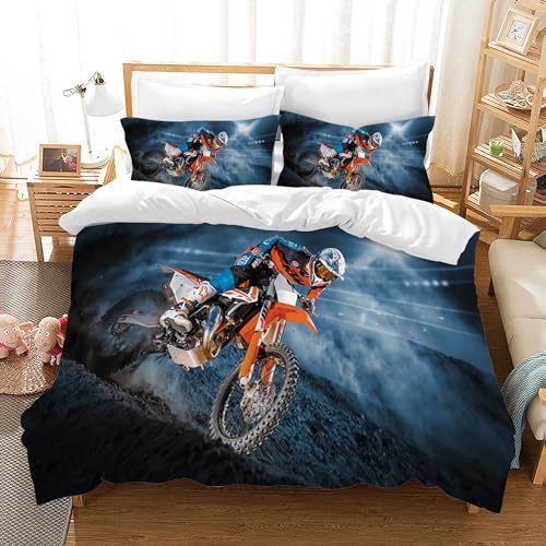 HZVRTN Motorrad Bettwäsche-Set Teens Cool Motorrad Fahrer Betten Set für Kinder Jungen Motocross Thema Bettbezug Set, Microfaser 3 Teilig mit Kissenbezug (135X200cm, Motorrad A) von HZVRTN