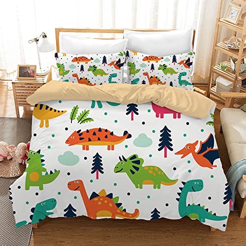 HZVRTN Kinder Bettwäsche Dinosaurier Bettbezug Set, Moderne 3D Dinosaurier Bedruckte Kinder Jungen Kinderbett Bettbezug Set Microfaser 3 Teilig mit Kissenbezug (135x200cm, Cartoon White) von HZVRTN