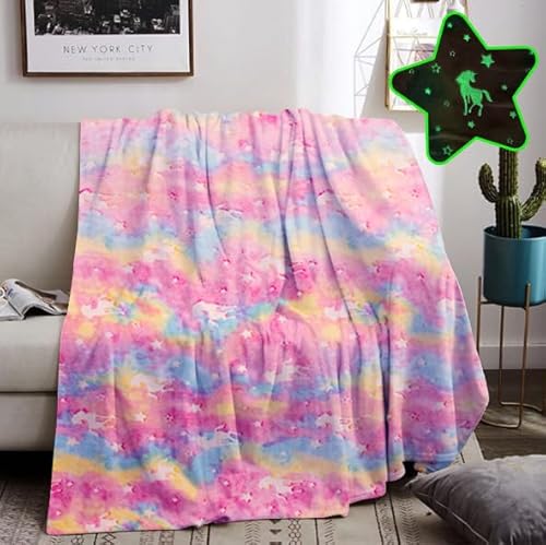 HZVRTN Einhorn Decke Kuscheldecke, Kinder Kuscheldecke Leuchtet im Dunkeln, Einhorn Geschenk für mädchen Rosa Weich und Warme Decke，Bett Couch Sofa Flauschige Decke (130x150cm, Einhorn B) von HZVRTN