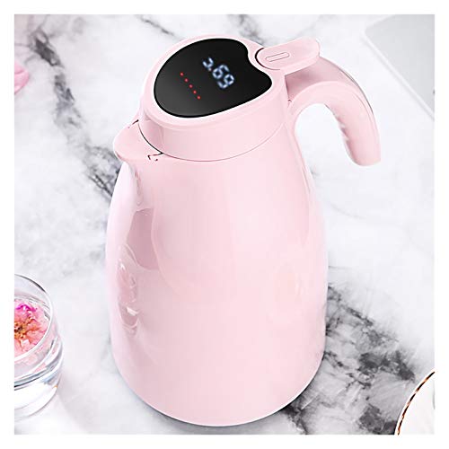 Robuste Thermokaraffe, vakuumisolierte Kaffeekanne mit Druckknopf, doppelwandiger, vakuumisolierter Krug, Teekanne mit Deckel, HD-LED-Temperaturanzeige (Farbe: Rosa, Größe: 1,5 l) von HZWJD