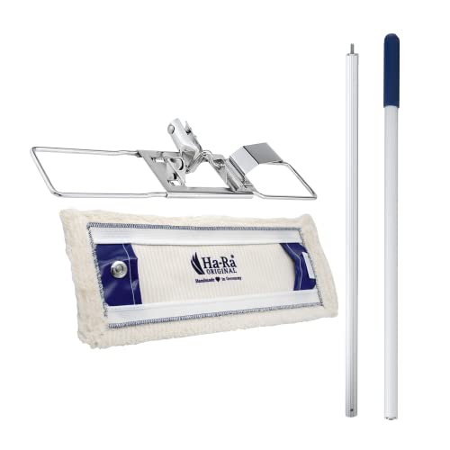 Ha-Ra Set Bodenexpress 42 cm aus Edelstahl & Boden-Faser Weiß kurz I robuster Boden-Wischer zur Reinigung für Böden & Wände I wendiger Wischmop mit rutschfestem Griff & teilbarem Stiel von Ha-Ra