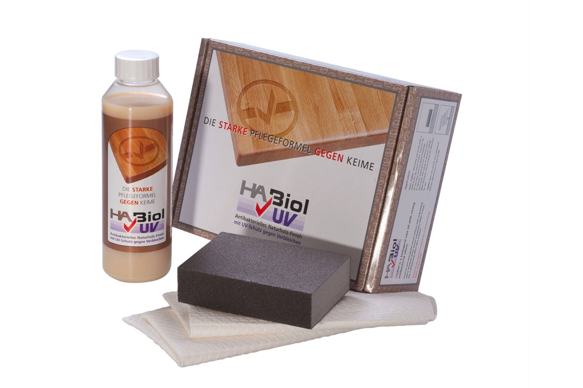 HaBiol Holzöl Pflegeset mit UV-Schutz, 1x Pflegeöl, 2 Tücher, 1x Schleifschwamm von HaBiol