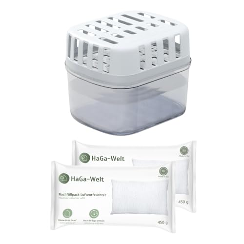 HaGa® Luftentfeuchter Box mit Granulat – Raumentfeuchter ohne Strom für ein gesundes Raumklima bis 36 m² – Inklusive 2 Nachfüllpack Granulat-Kissen aus Calciumchlorid – Weiß/Transparent von HaGa