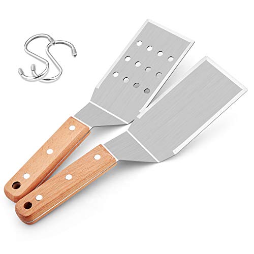 HaSteeL Metallspatel, 2 Stück Edelstahl-Grillspatel, Burgerwender, robustes Grillwerkzeug-Set für Teppanyaki BBQ Flat Top Hibachi Gusseisen Grillen Kochen, leicht zu reinigen und 2 Haken von HaSteeL
