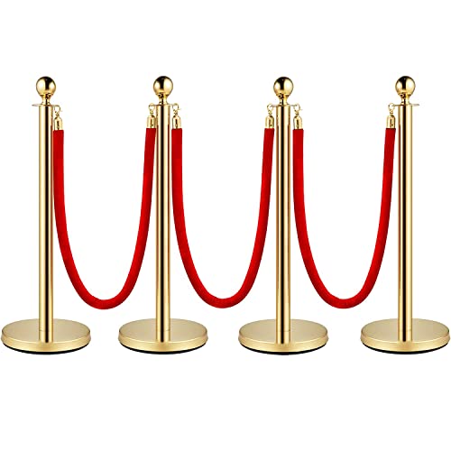 HaTur 4 PCS Edelstahl Absperrständer Personenleitsystem Kordelständer Abgrenzungsständer Absperrpfosten mit 3 roten Samtseile, Sand Injektion Hohle Basis (Gold) von HaTur