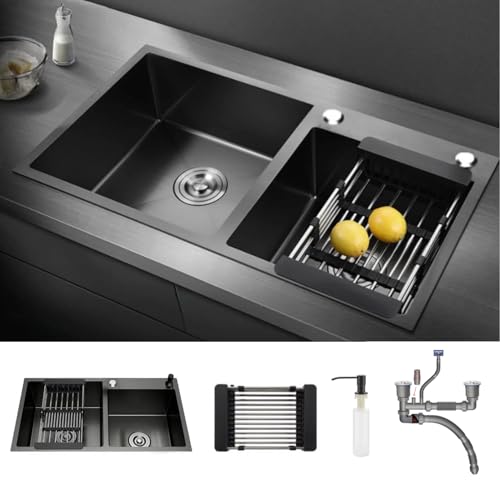 HaTur Spuelbecken Küchenspülen aus Edelstahl Doppelte Schüssel 2 Becken Spüle Hausspüle Gemüsebecken Arbeitsplatz-Küchenspüle Set, 78 * 43 * 20cm (Schwarz) von HaTur