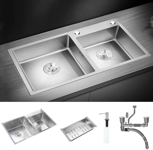 HaTur Spuelbecken Küchenspülen aus Edelstahl Doppelte Schüssel 2 Becken Spüle Hausspüle Gemüsebecken Arbeitsplatz-Küchenspüle Set, 78 * 43 * 20 cm (Silber) von HaTur
