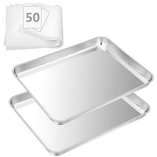 Backblech, HaWare Ofenblech 2er Set mit 50 Blatt Backpapier, Edelstahl Fettpfanne Backofen 40x30x2.5 cm, Rechteckiges Backofenblech Kuchenblech zum Backen/Kochen, Ungiftig & Gesund, Spülmaschinenfest von HaWare