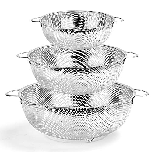 HaWare 3-teiliges Küchensieb-Set aus Edelstahl, mit Griff, Lochsiebe aus Metall, für Pasta, Gemüse, Reis, Obst, Lebensmittel, spülmaschinenfest, Größen: 16 cm, 22 cm, 28 cm von HaWare