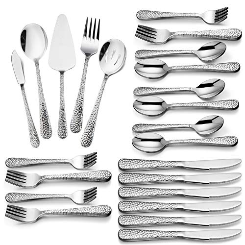 HaWare Gehämmertes Besteck-Set für 12 Personen, Edelstahl-Besteck, Servierutensilien, modernes Design, Essgeschirr für Zuhause, Küche, Hotel, Restaurant, hochglanzpoliert, spülmaschinenfest von HaWare